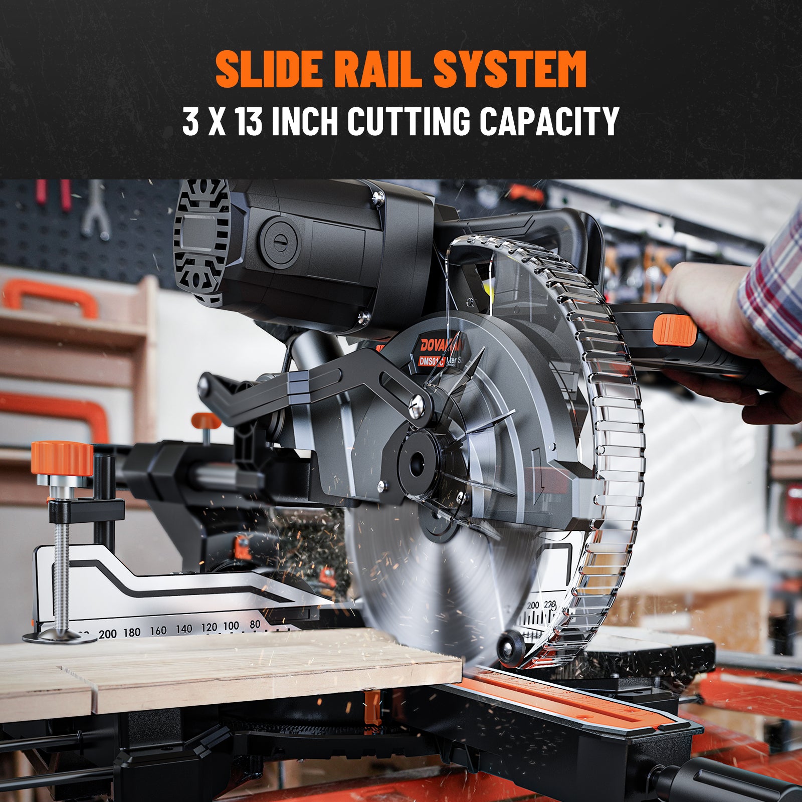 Dual bevel slididng saw with slide rail system and 3 x 13 inch cutting capacity in a workshop setting.