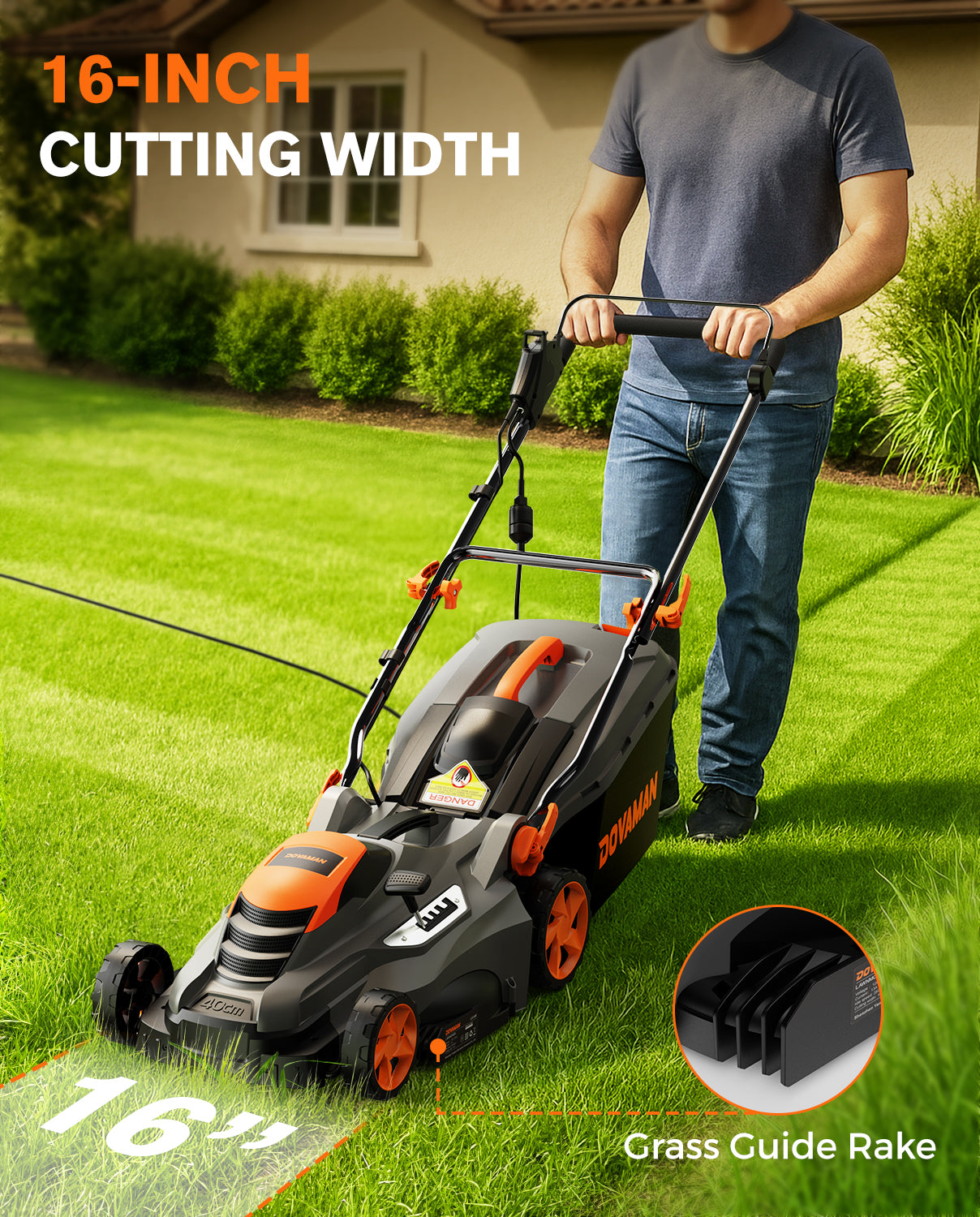 Person using a lawn mower with a focus on the 16-inch cutting width, featuring the brand 'DOVAMAN'.