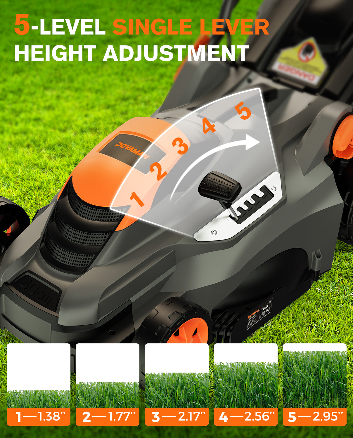 Gardena lawn mower with 5 level height adjustment feature on a grass background
