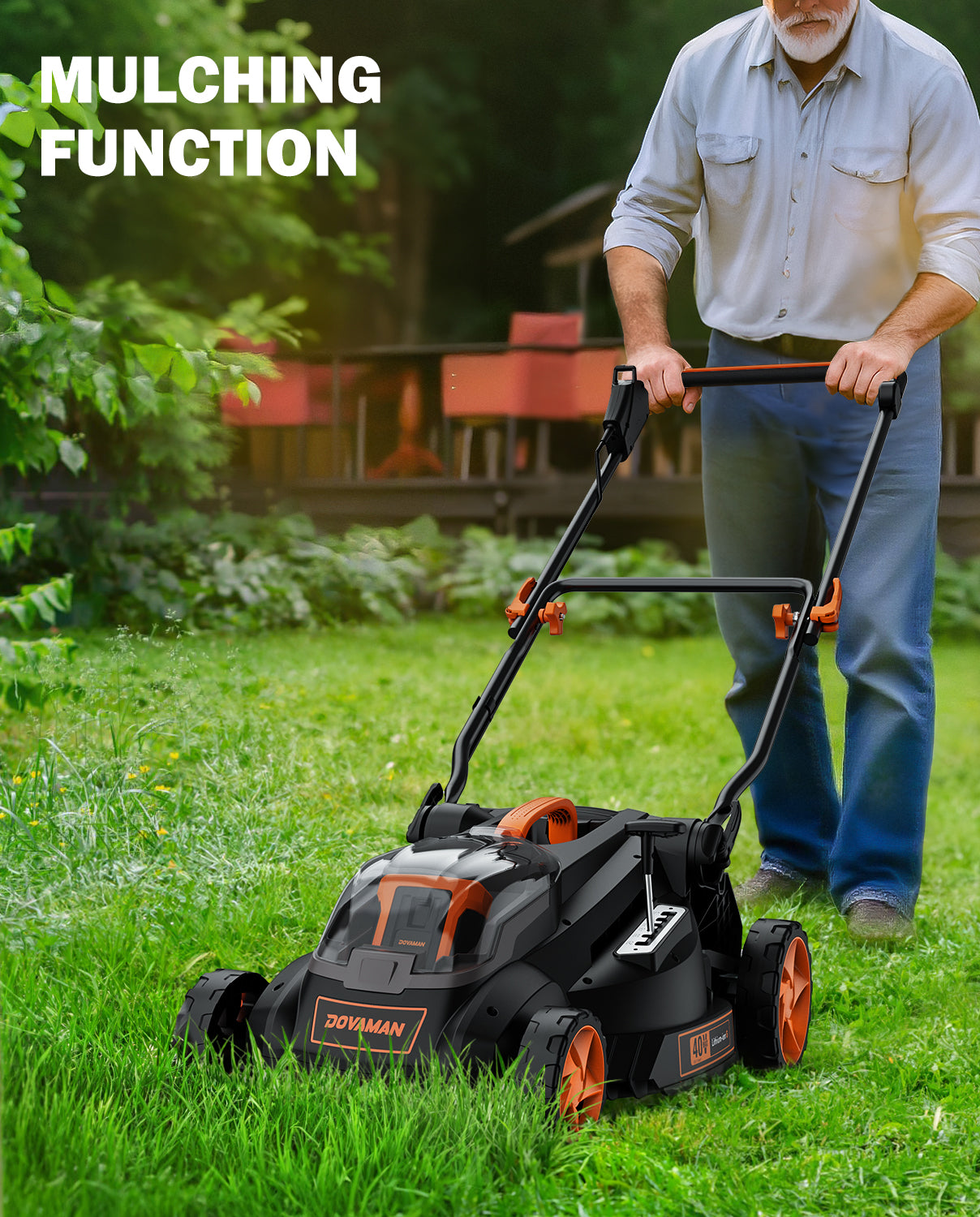 A man using a lawn mower with 'Mulching Function' text in a garden setting.