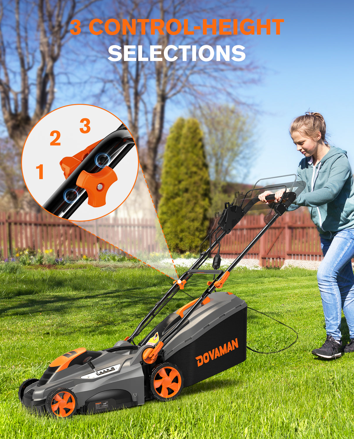 Person using a DOVAMAN lawn mower with three control-height selections feature.