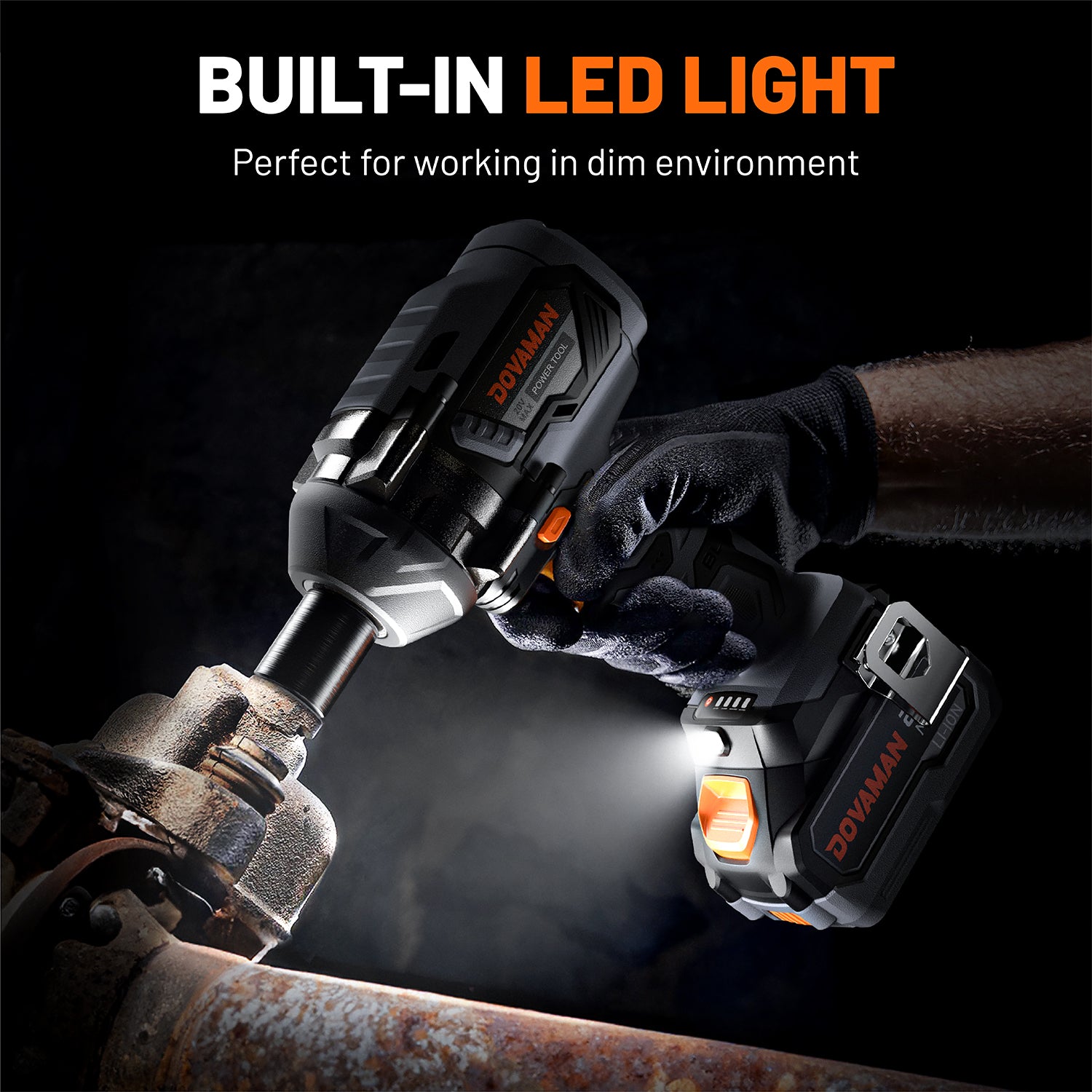 Power impact wrench with built-in LED light on a dark background