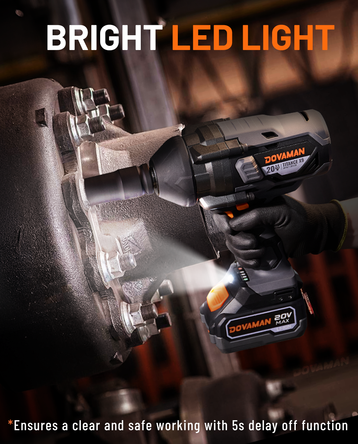 DOVAMAN power impact wrench with bright LED light in a workshop setting