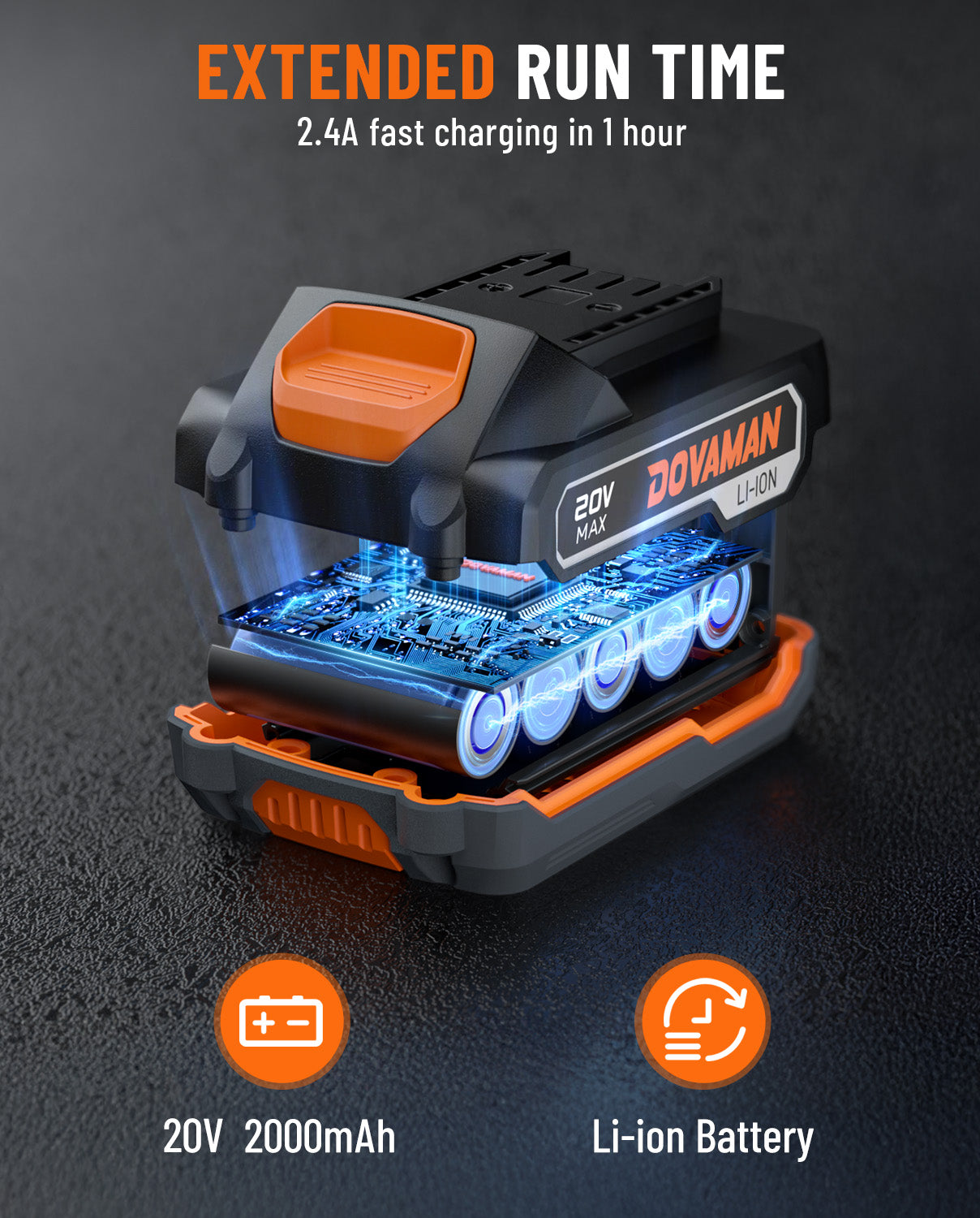 DOVAMAN battery pack with charging features on a dark background