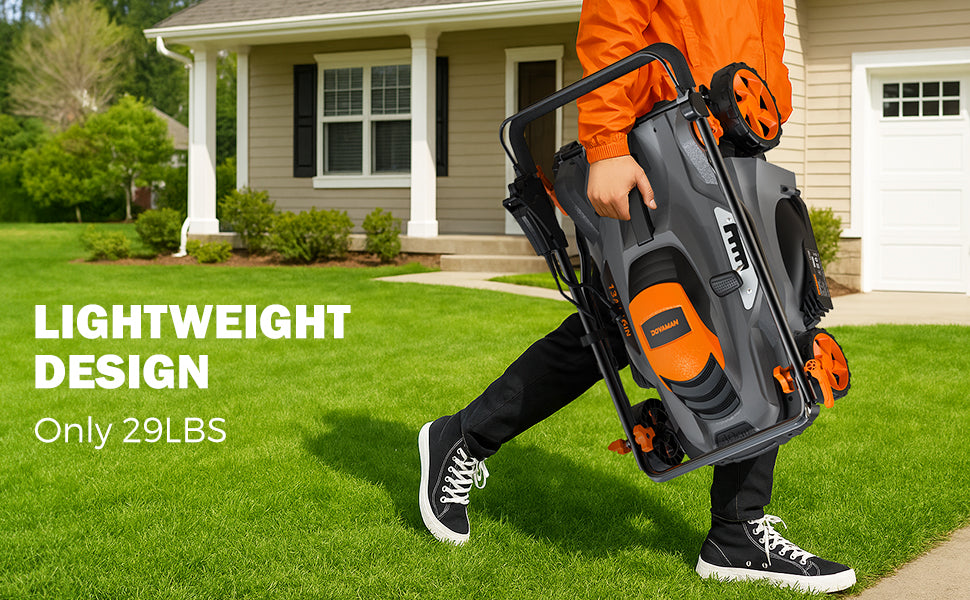 Person carrying a lawn mower with text highlighting its 22 lbs lightweight design on a grassy lawn.