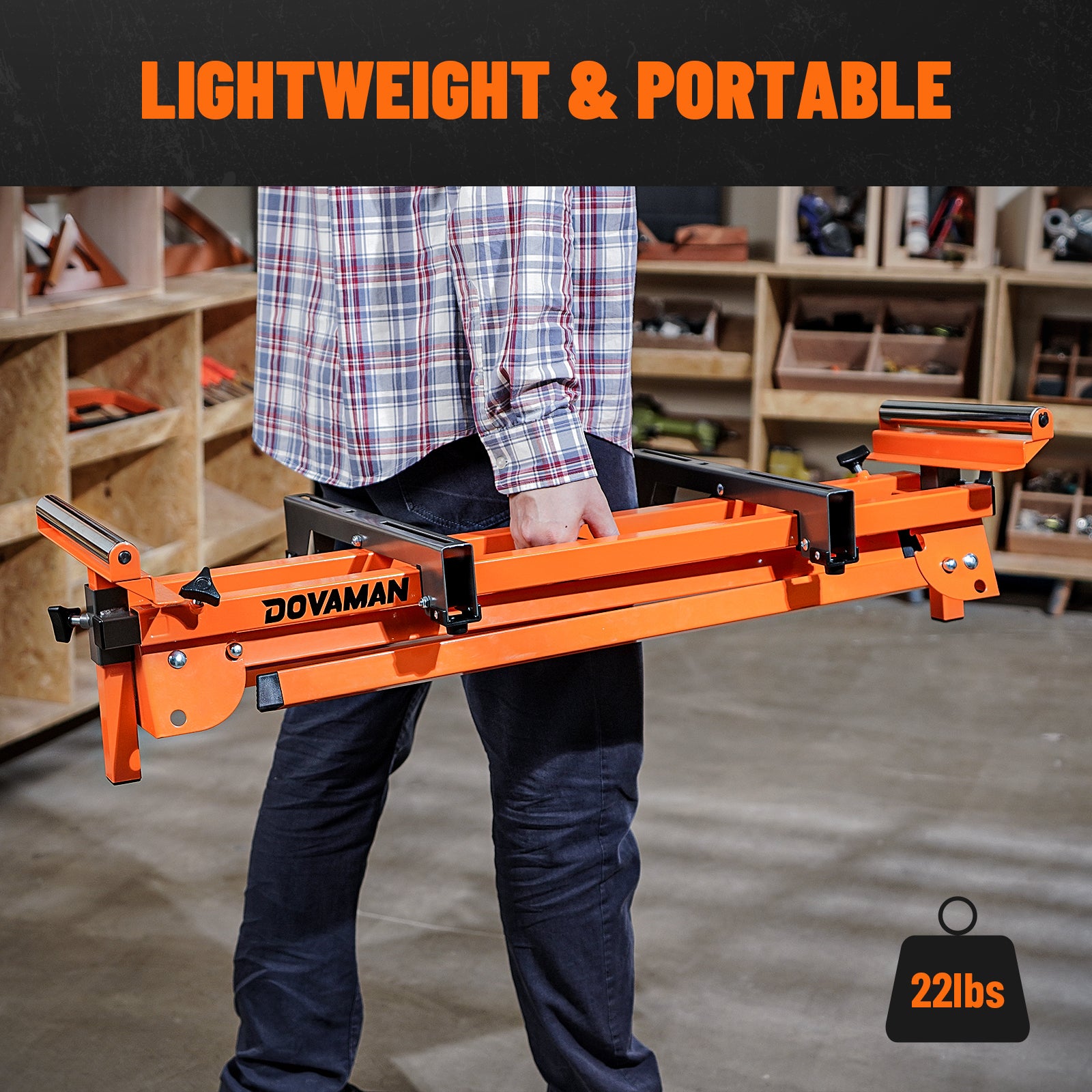 Person holding an orange tool with 'Dovaman' branding in a workshop setting, emphasizing lightweight and portable features.