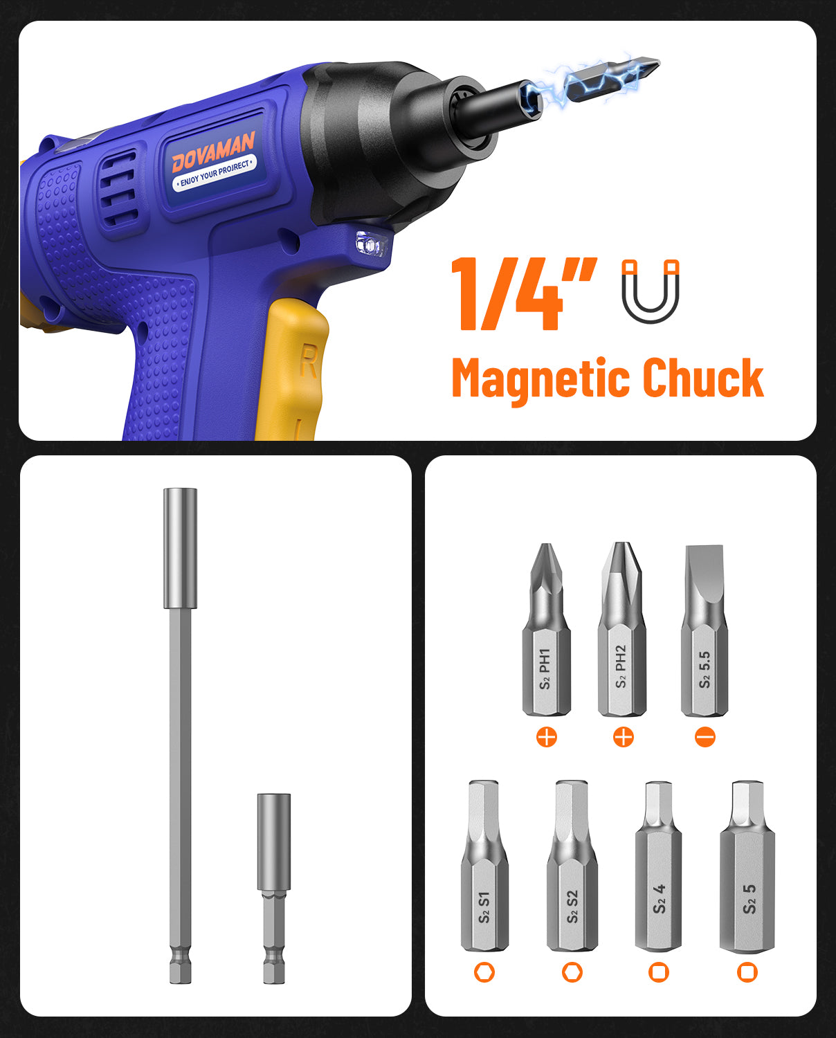 Blue and yellow screwdriver with magnetic chuck and various drill bits on a white background