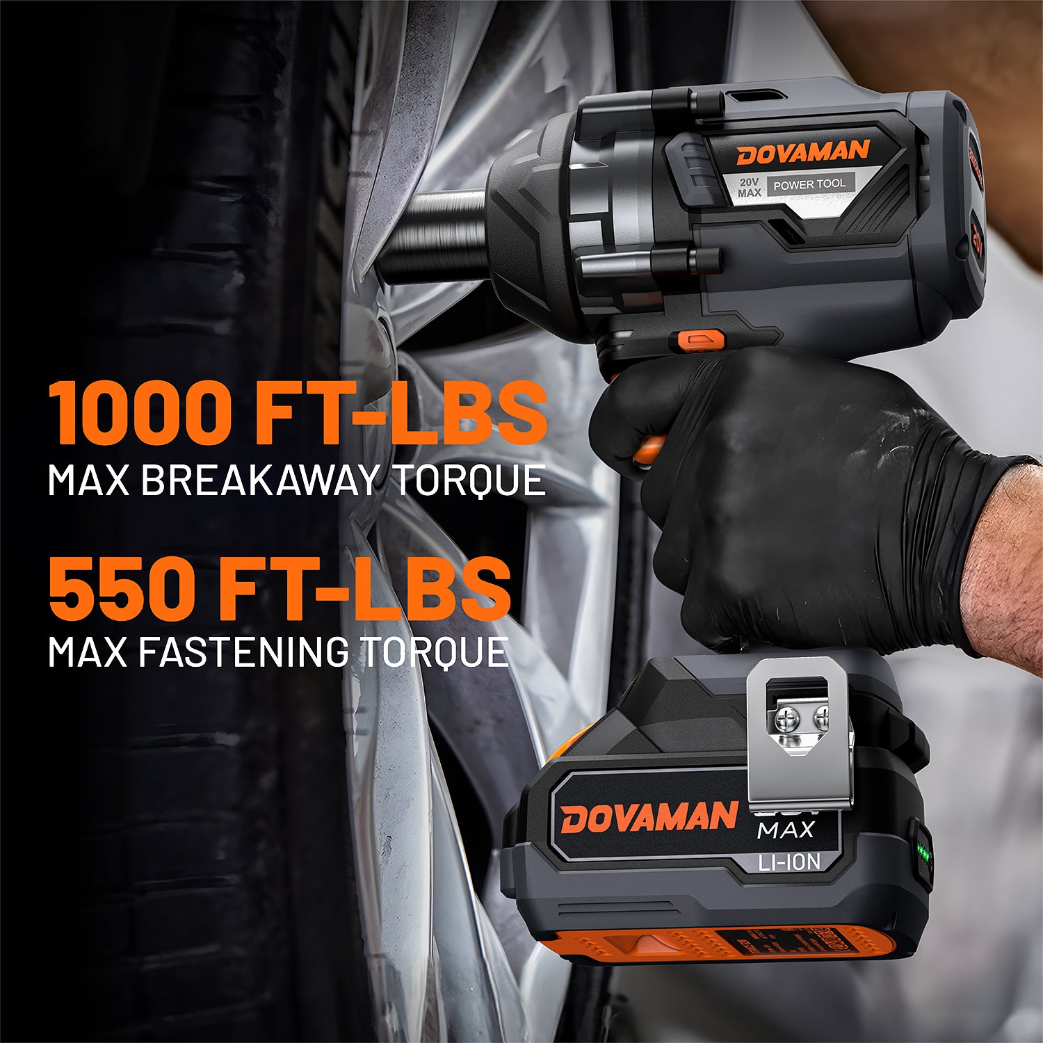 DOVAMAN power tool impact wrench with tire and wheel in the background