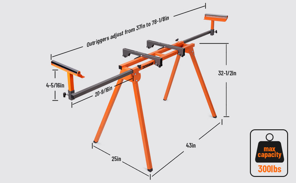 Miter saw stand dimensions showing 300lbs capacity and 78-inch extendable outrigger length