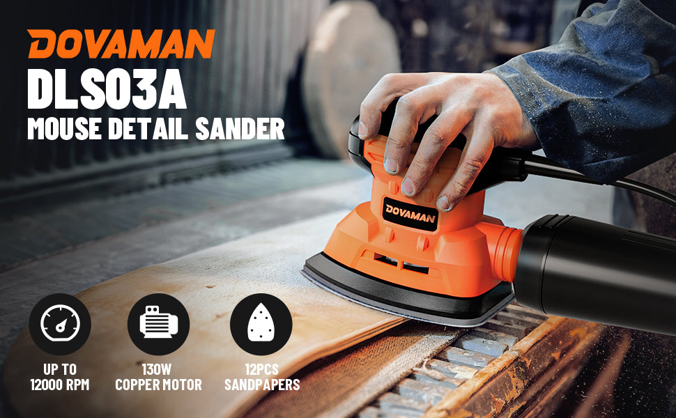 Dovaman DLS03A Mouse Detail Sander being used on a wooden surface with product details displayed.
