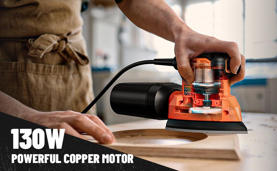 Person using a power sander on a piece of wood with '130W Powerful Copper Motor' text.