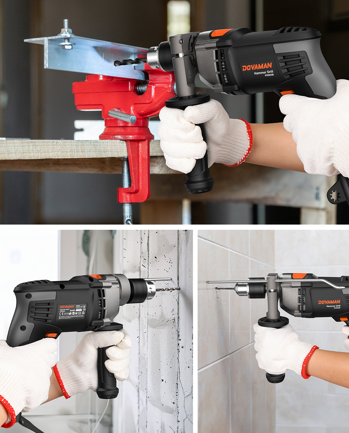 Collage of a DOVAMAN drill being used on metal, wall, and tile surfaces.