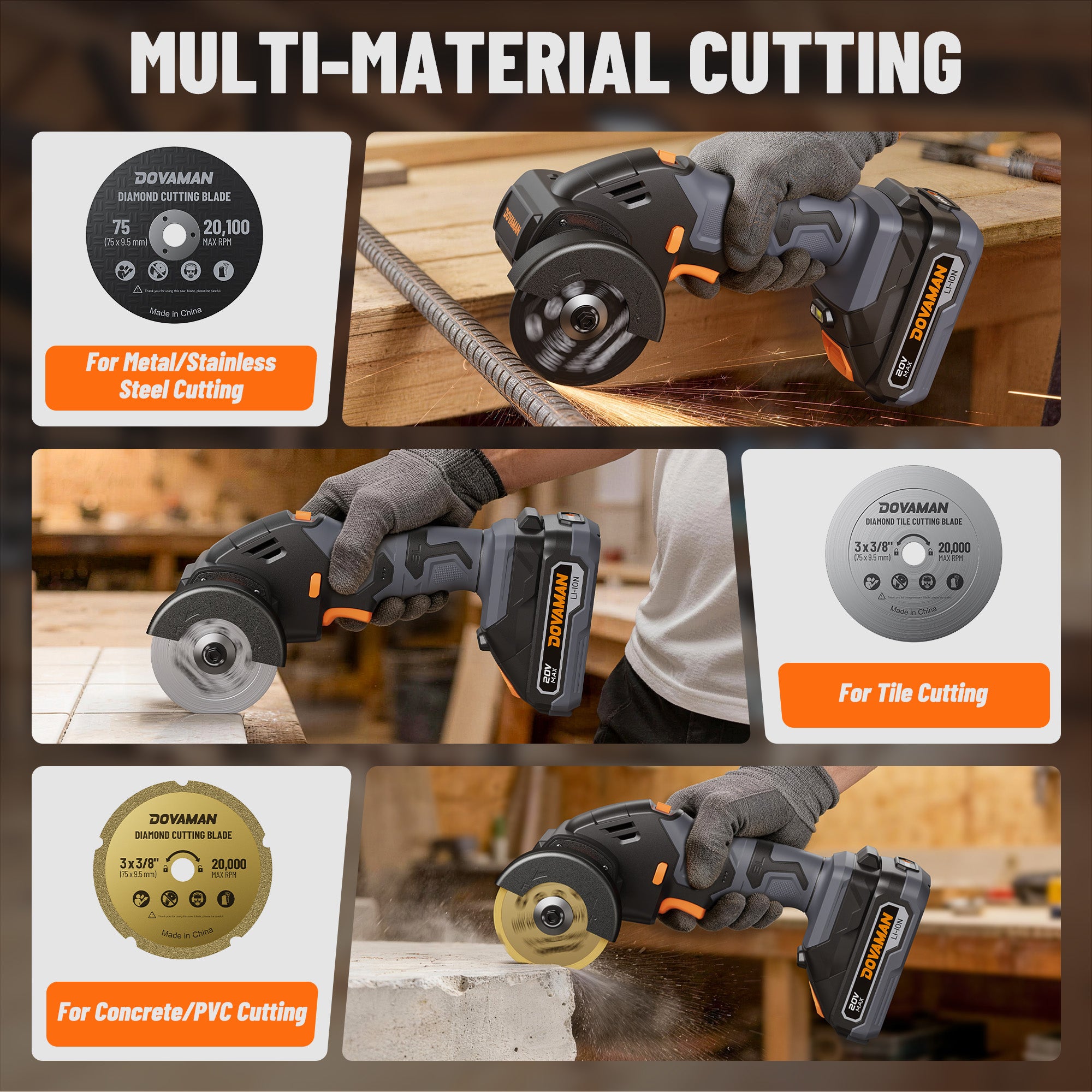 Collage of a power cut-off tool cutting through metal, tile, and concrete with corresponding blade types.