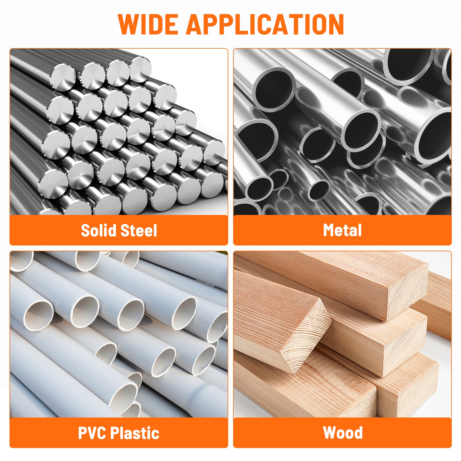 Four categories of materials with corresponding images: Solid Steel, Metal, PVC Plastic, and Wood.