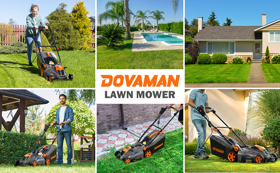 Collage of Dovaman lawn mower in use with various settings including a pool and a house.