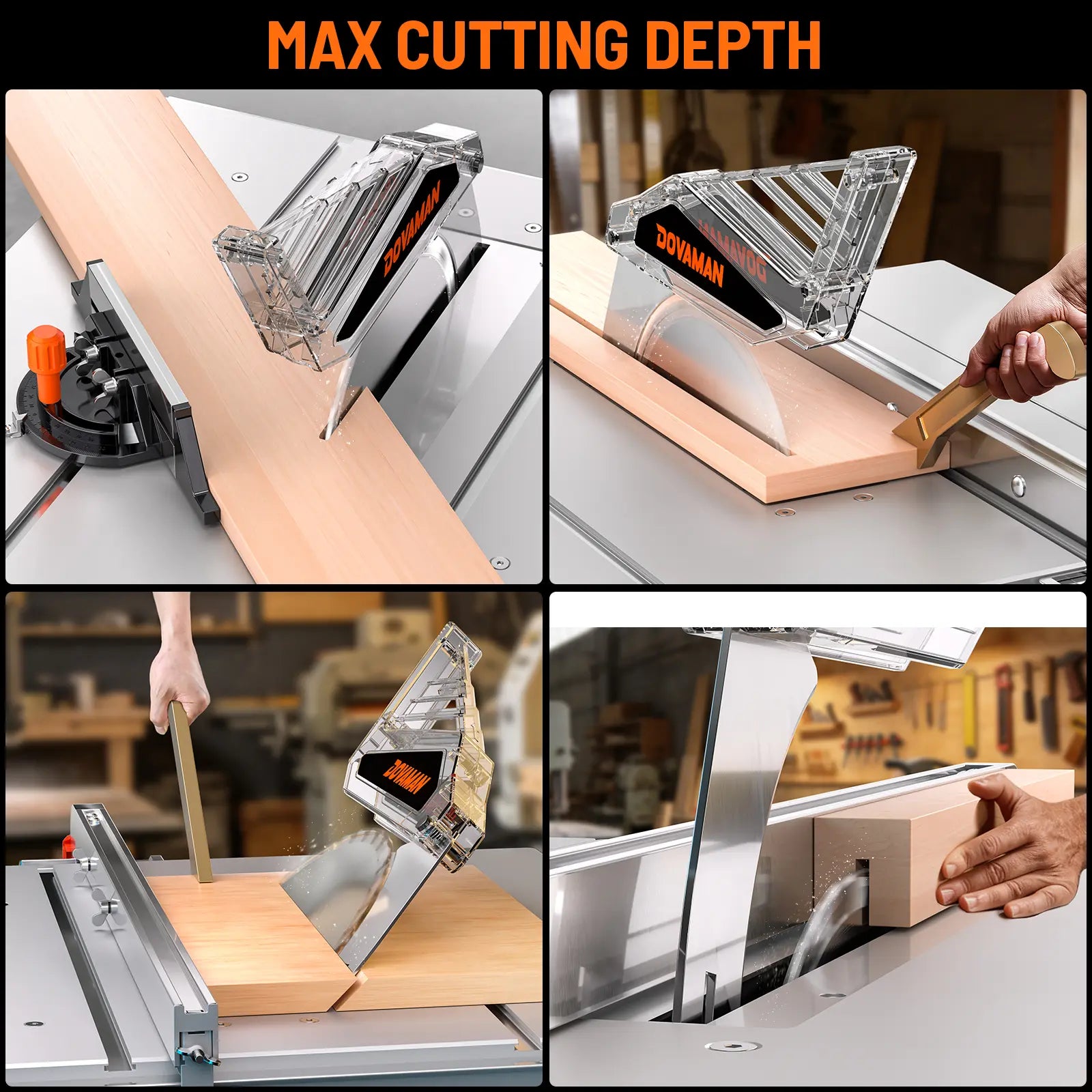 Collage of a table saw with a dado blade set, highlighting its max cutting depth feature.