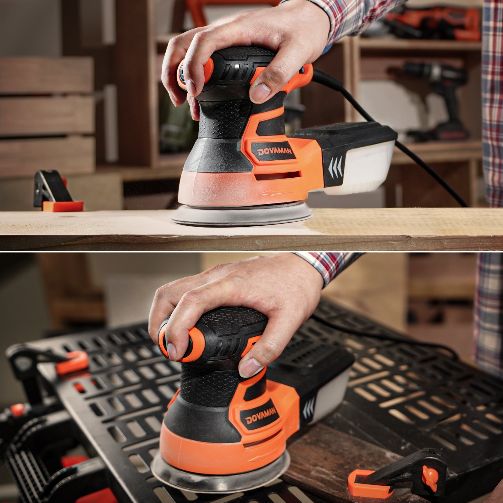 The DOVAMAN sander polishing rough wood surfaces and removing rust from metal