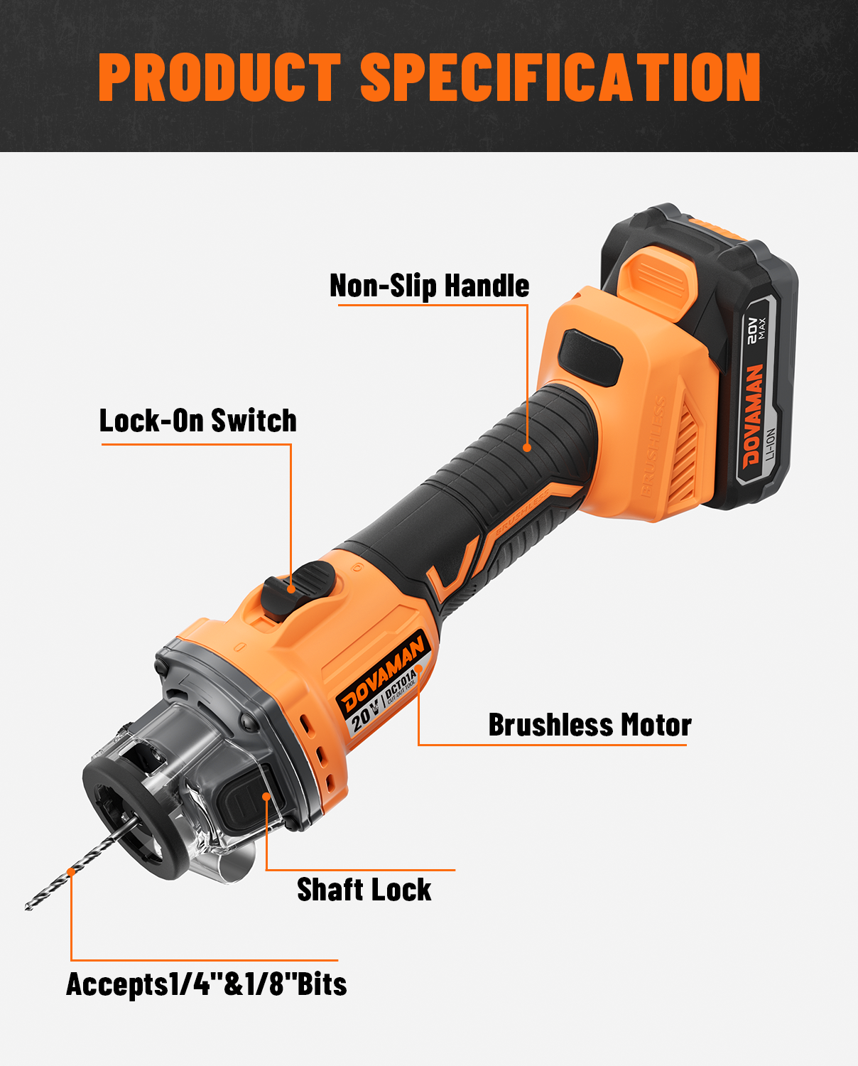 Orange and black power brushless drywall cut-out tool with labeled features on a white background
