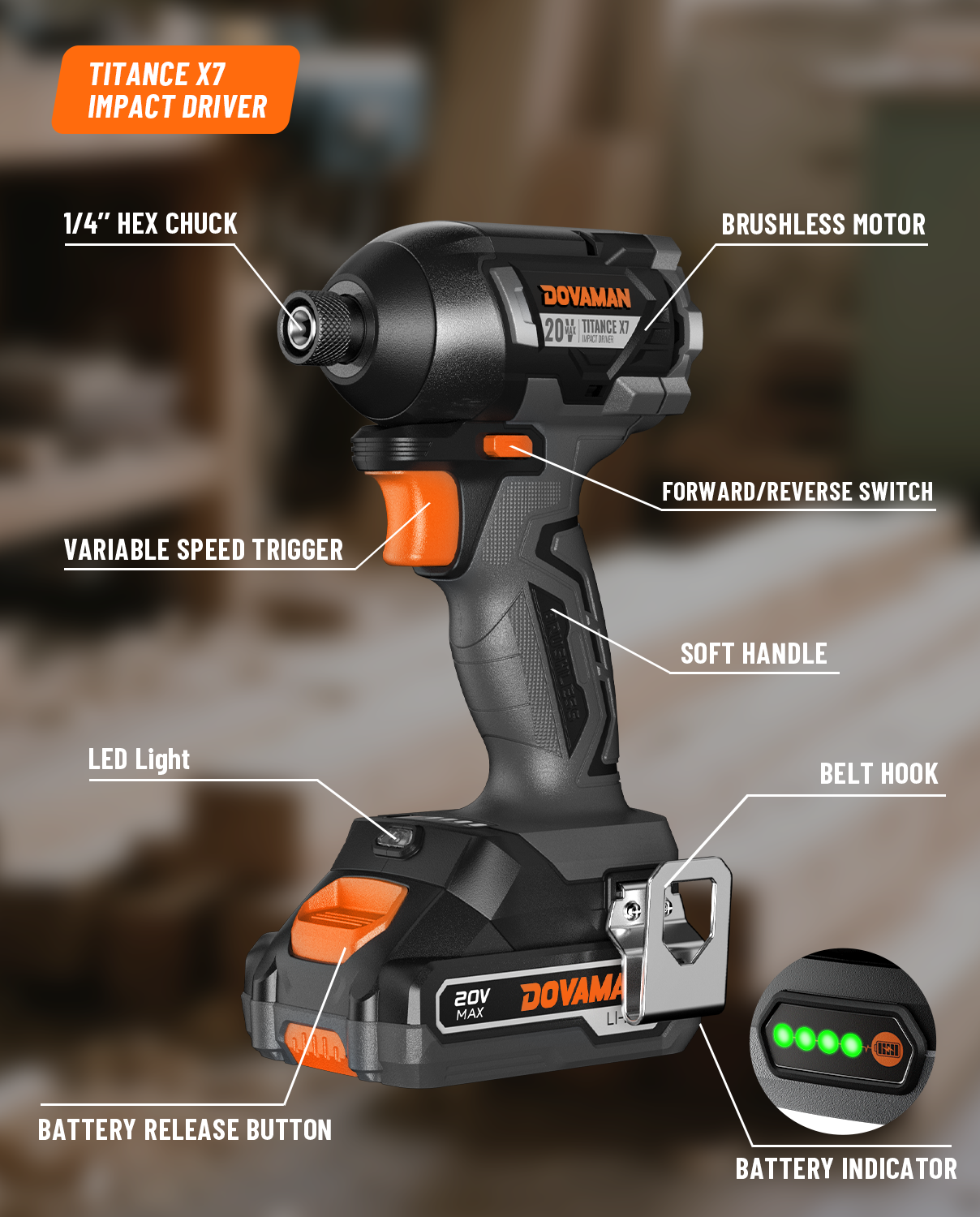 DOVAMAN TITANCE X7 impact driver with labeled features on a blurred workshop background