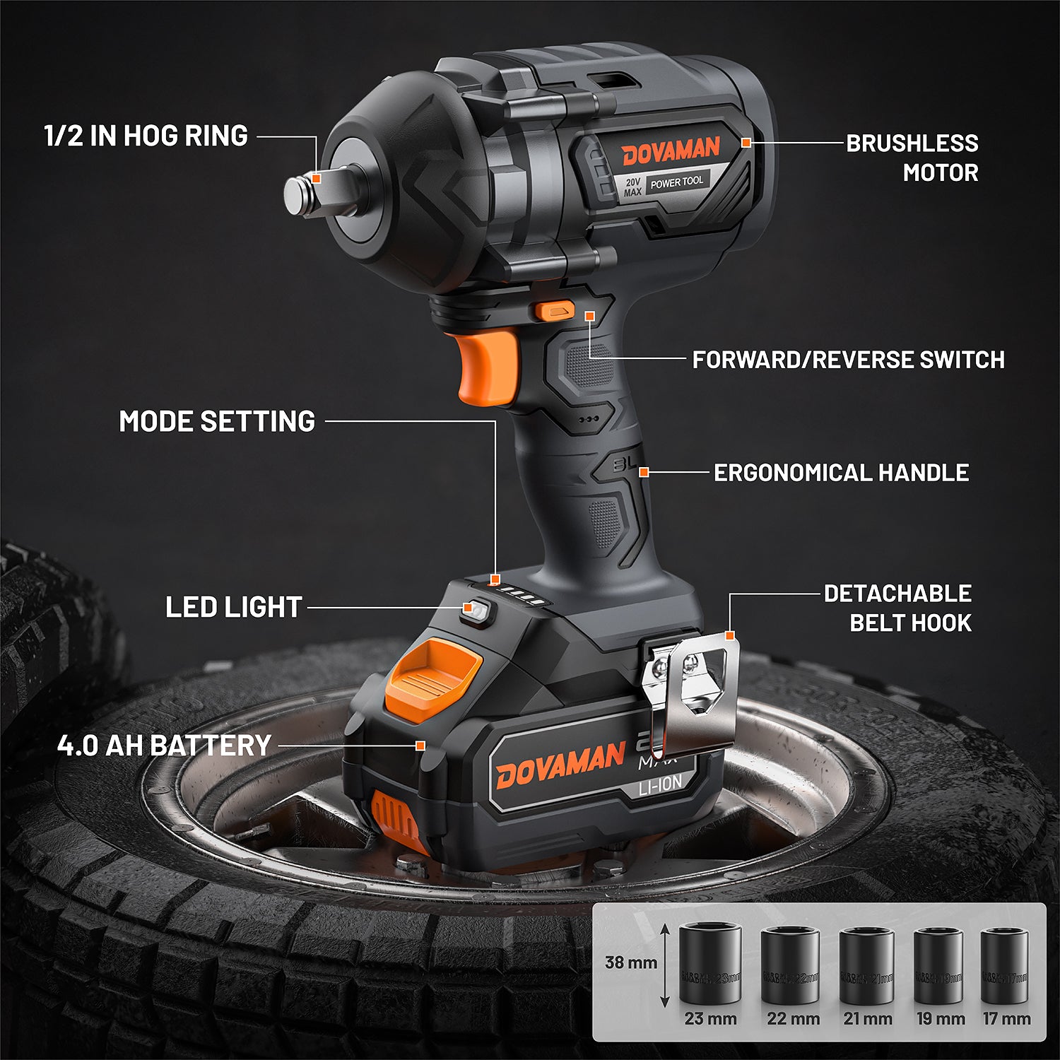 DOVAMAN power impact wrench with labeled features on a tire background