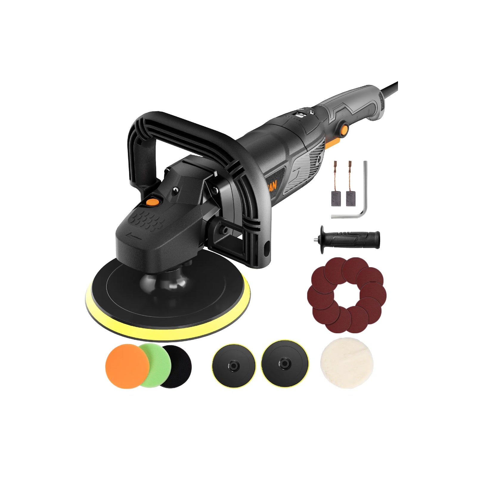 Car polisher with attachments on a white background