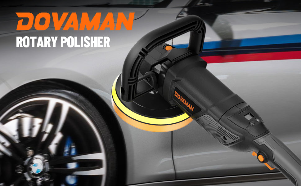 Dovaman rotary polisher on a car wheel with BMW logo
