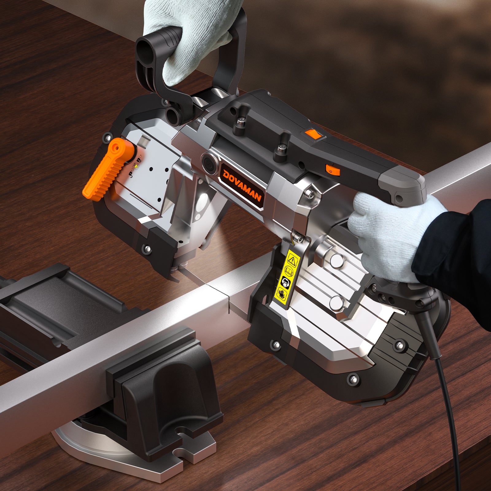 Band saw being used on a wooden surface with a person wearing gloves.