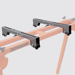 Wooden table with metal legs and 'Dovaman' branding on a light gray background