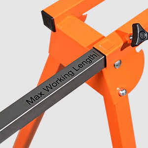 Orange mechanical device with a black bar labeled 'Max Working Length' on a light gray background