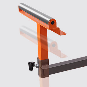 Glass cleaning tool with orange and brown frame on a light gray background