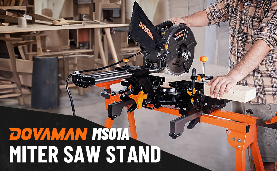 Dovaman miter saw stand with a person using it in a workshop setting.