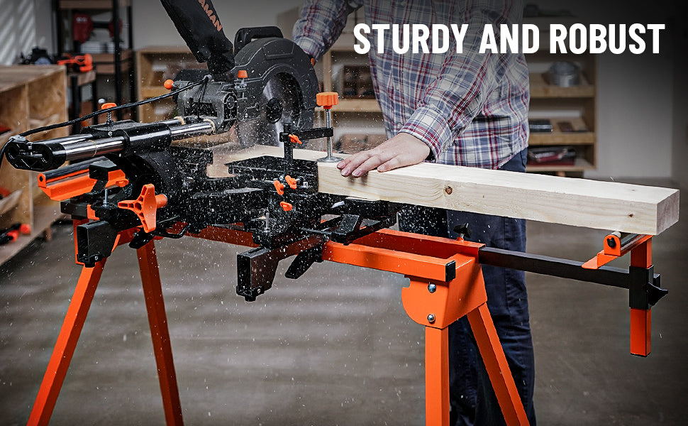 Person using a power tool on a workbench with 'Sturdy and Robust' text overlay.