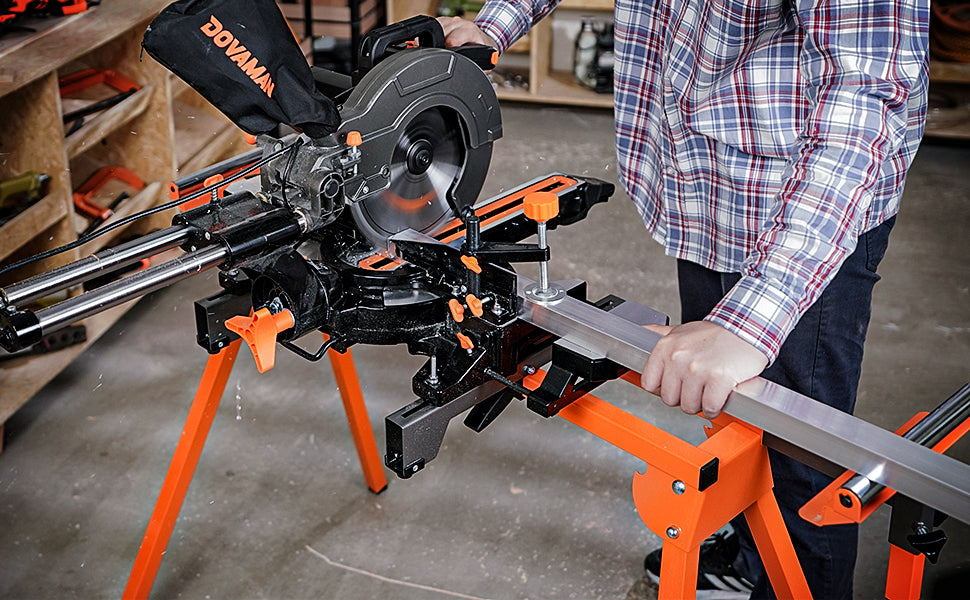 Person using a DOVAMAN miter saw in a workshop setting