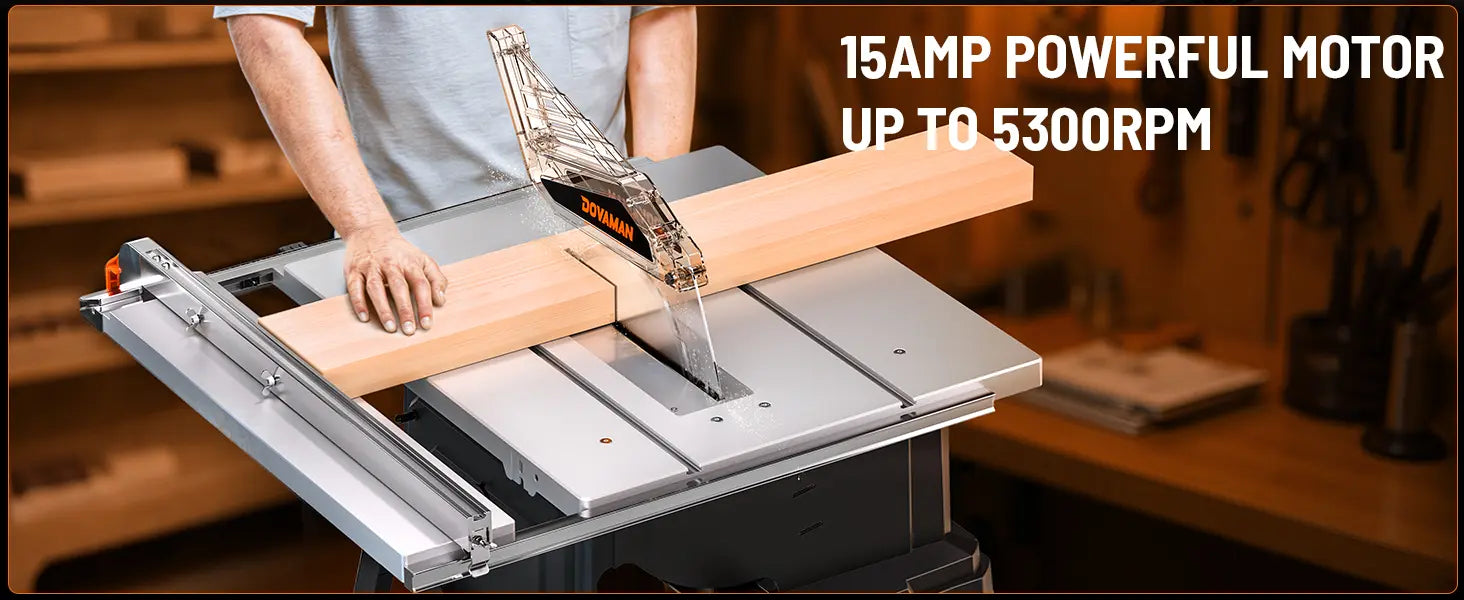 Table saw in use with a person cutting wood, highlighting a 15Amp powerful motor.