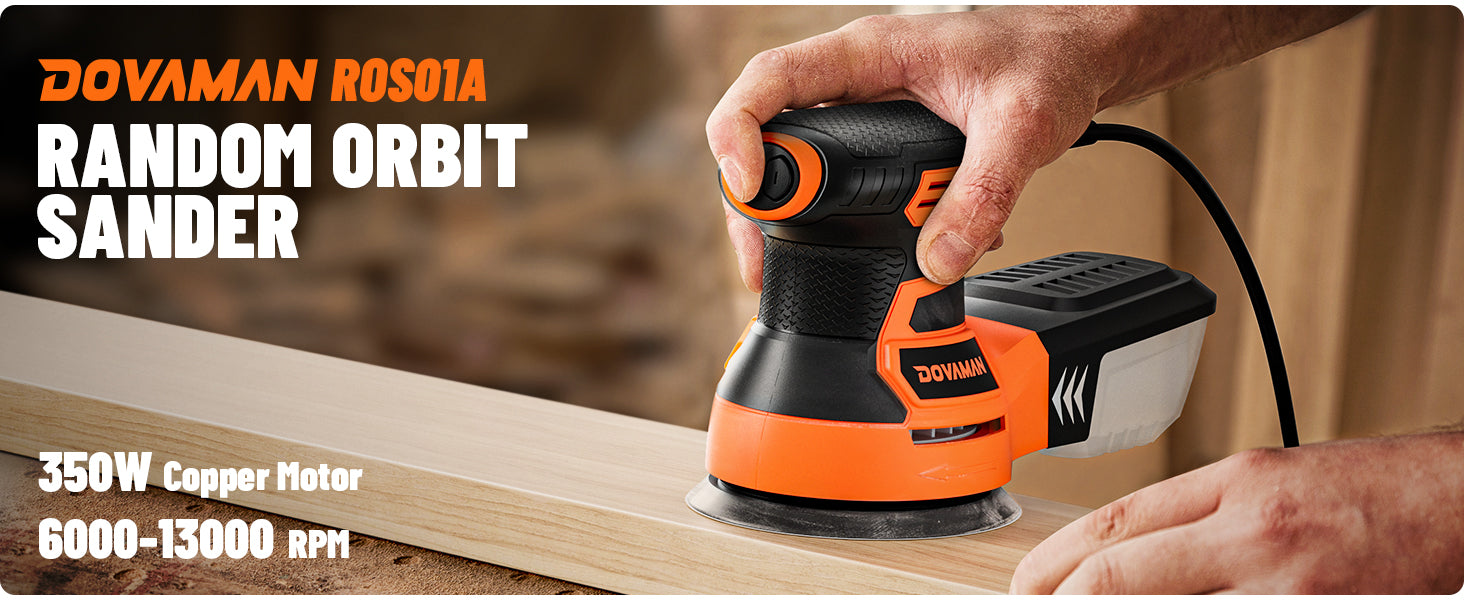 Dovaman ROS01A random orbit sander being used on a wooden surface with branding and specifications displayed.