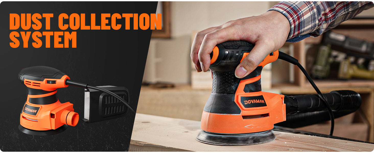 Orange and black sander with 'Dust Collection System' text on a workshop background