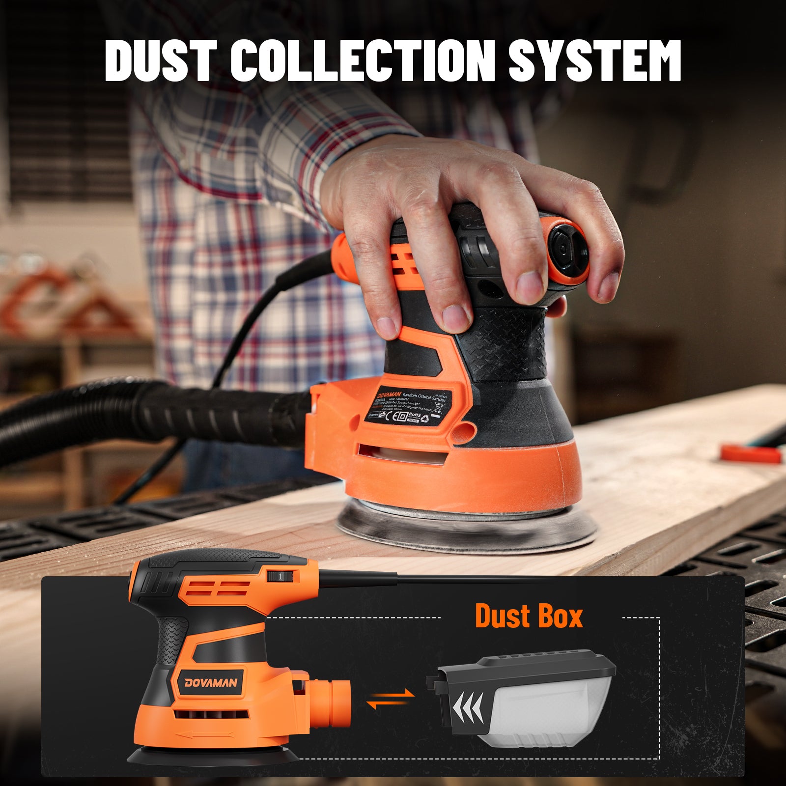 Person using a sander with a dust collection system in a workshop setting