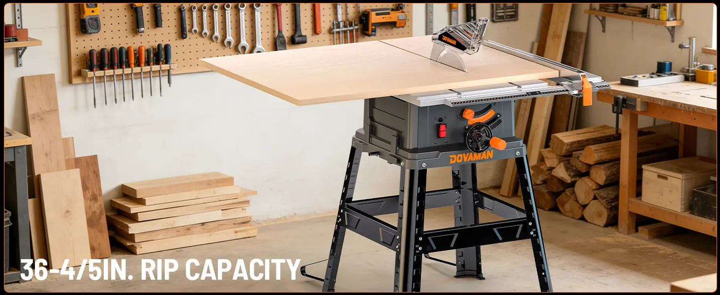 Workbench with a table saw in a workshop setting