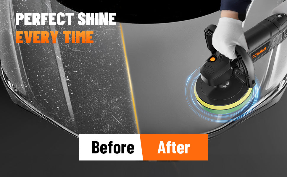 Car polish machine being used on a car's hood with 'Before' and 'After' comparison.