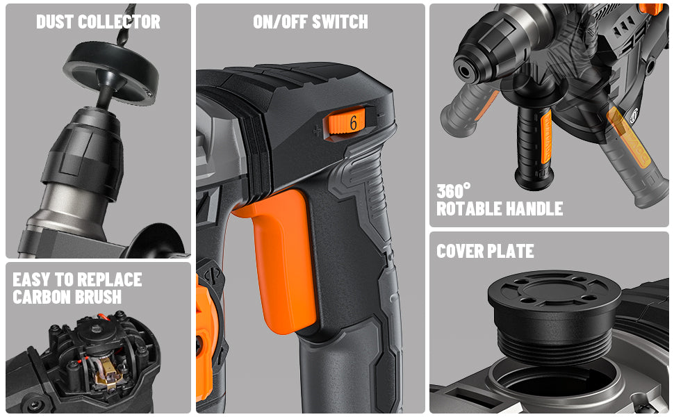 Features of a power tool with labeled components on a gray background