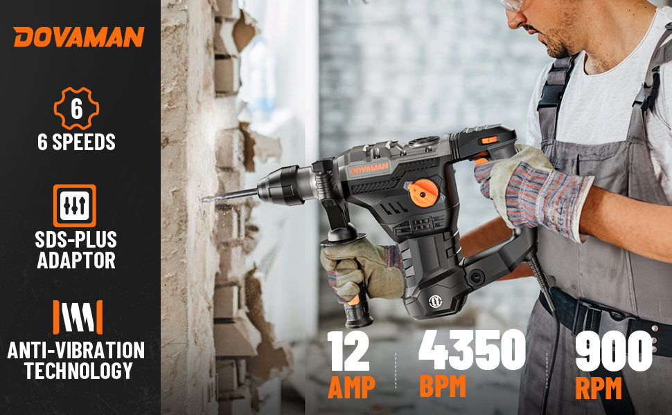 Person using a Dovaman drill with product features displayed on the left.