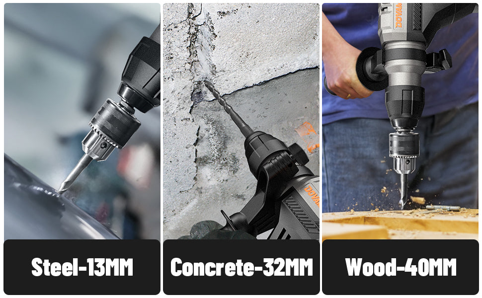 Three images showing a drill bit being used on metal, concrete, and wood with labels indicating size.
