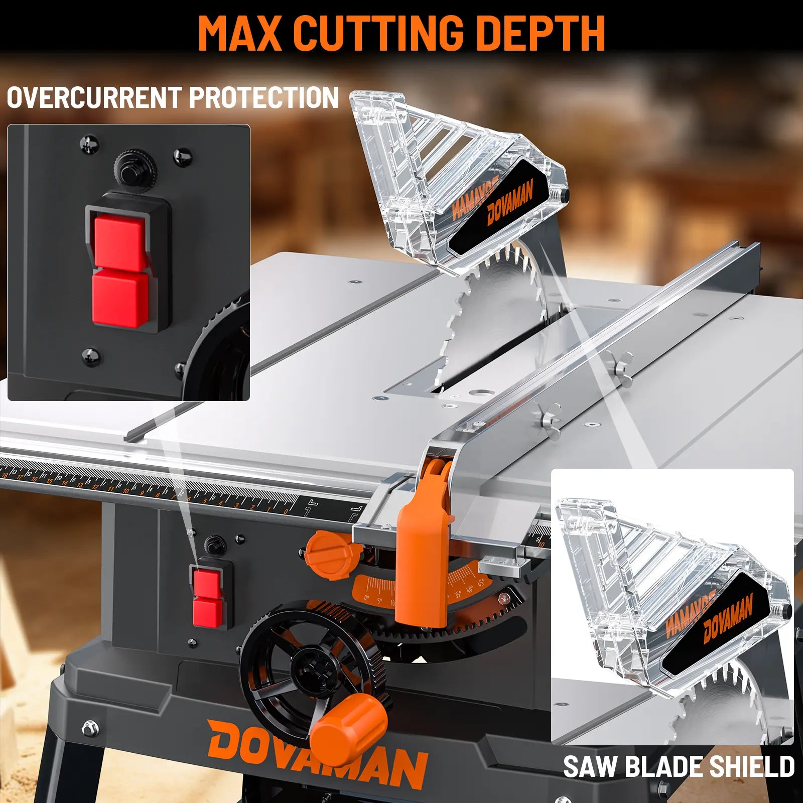 DOVAMAN table saw with features highlighted on safety protection on a blurred background