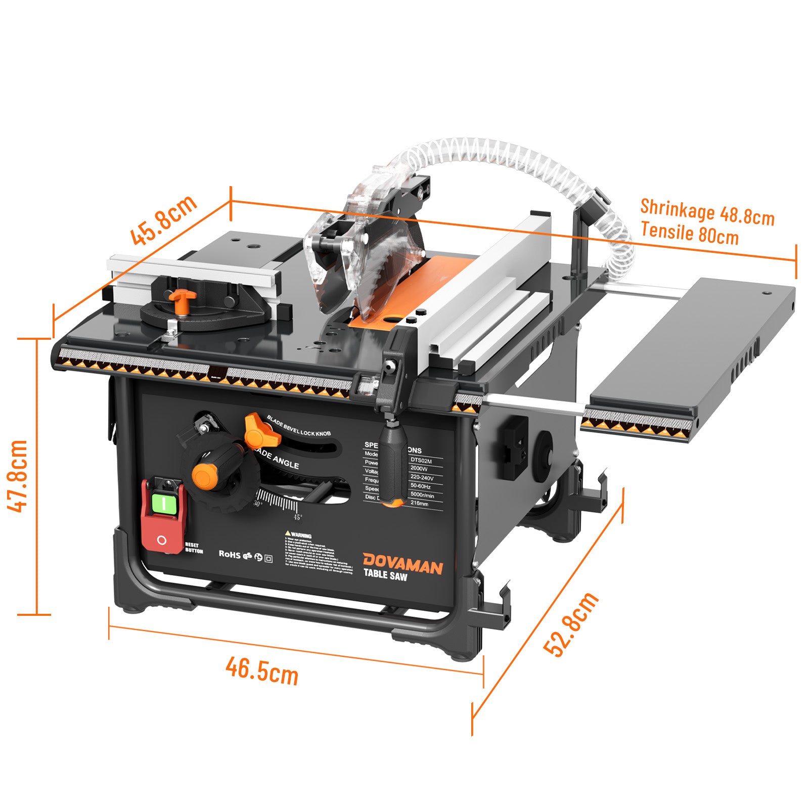 Table saw with dimensions labeled on a white background