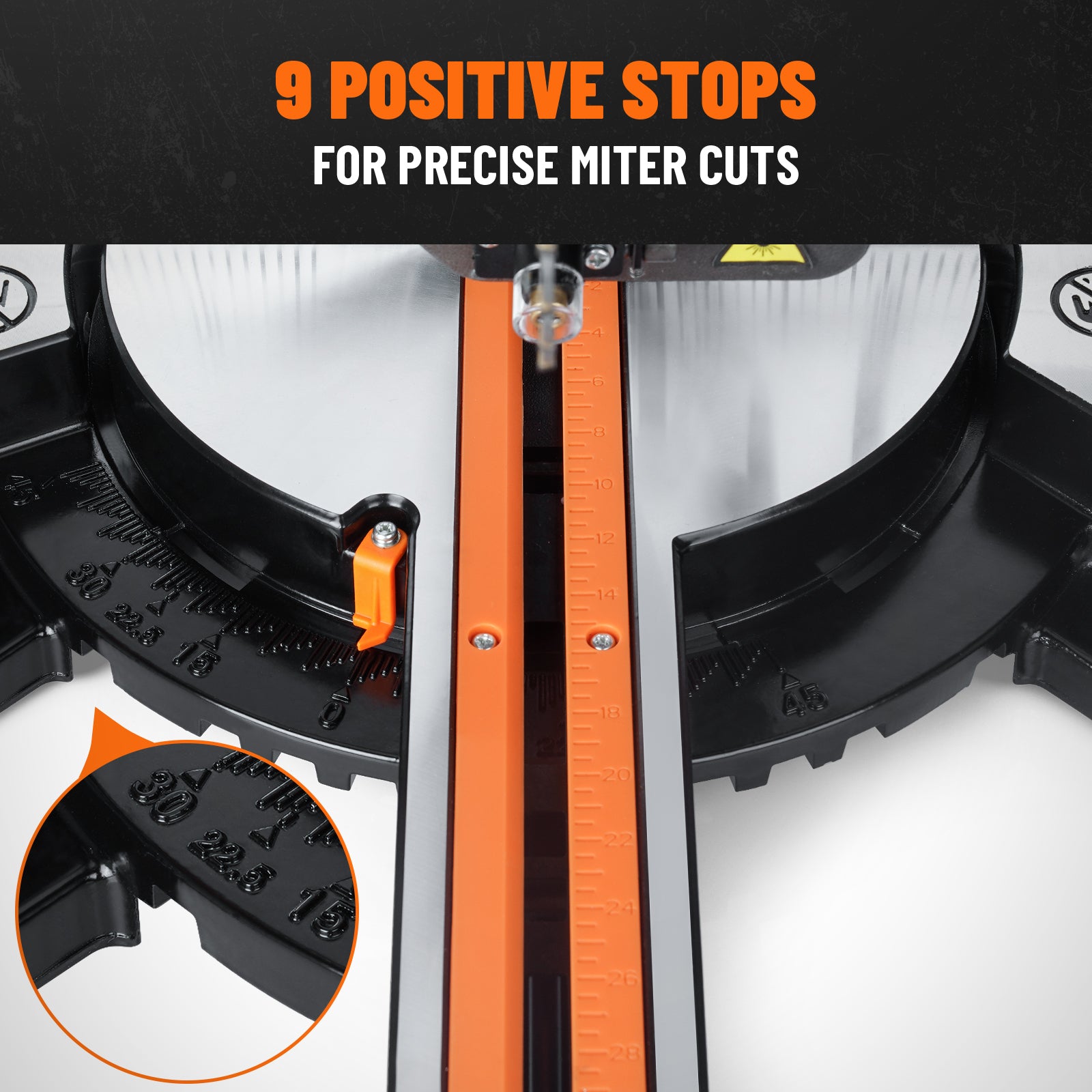 a slide compound miter saw showing 9 positive stops for precise miter angle adjustments
