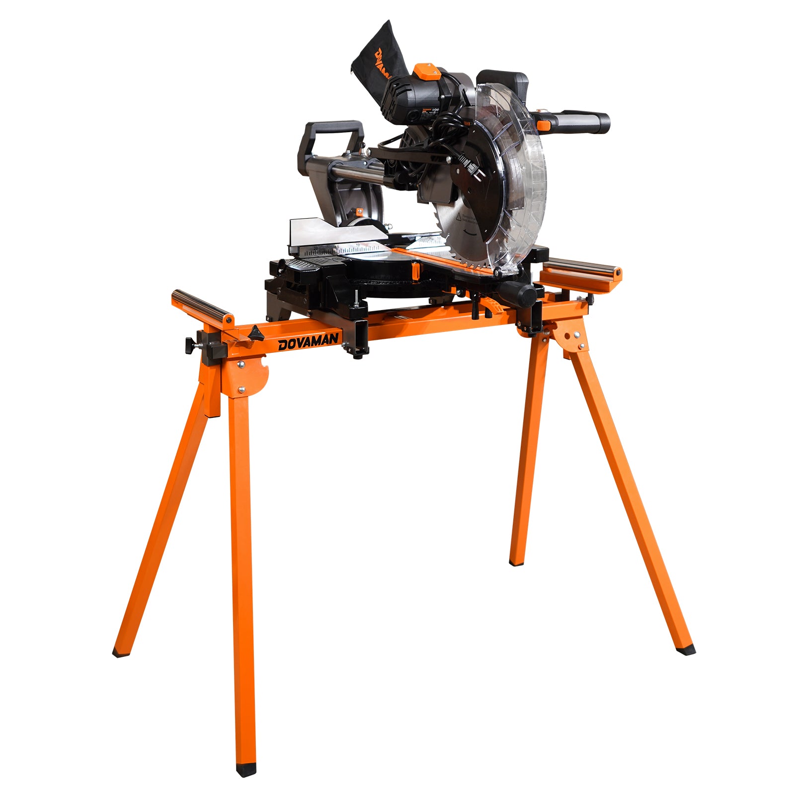 Sliding compound miter saw mounted on a DOVAMAN folding workstation for professional woodworking