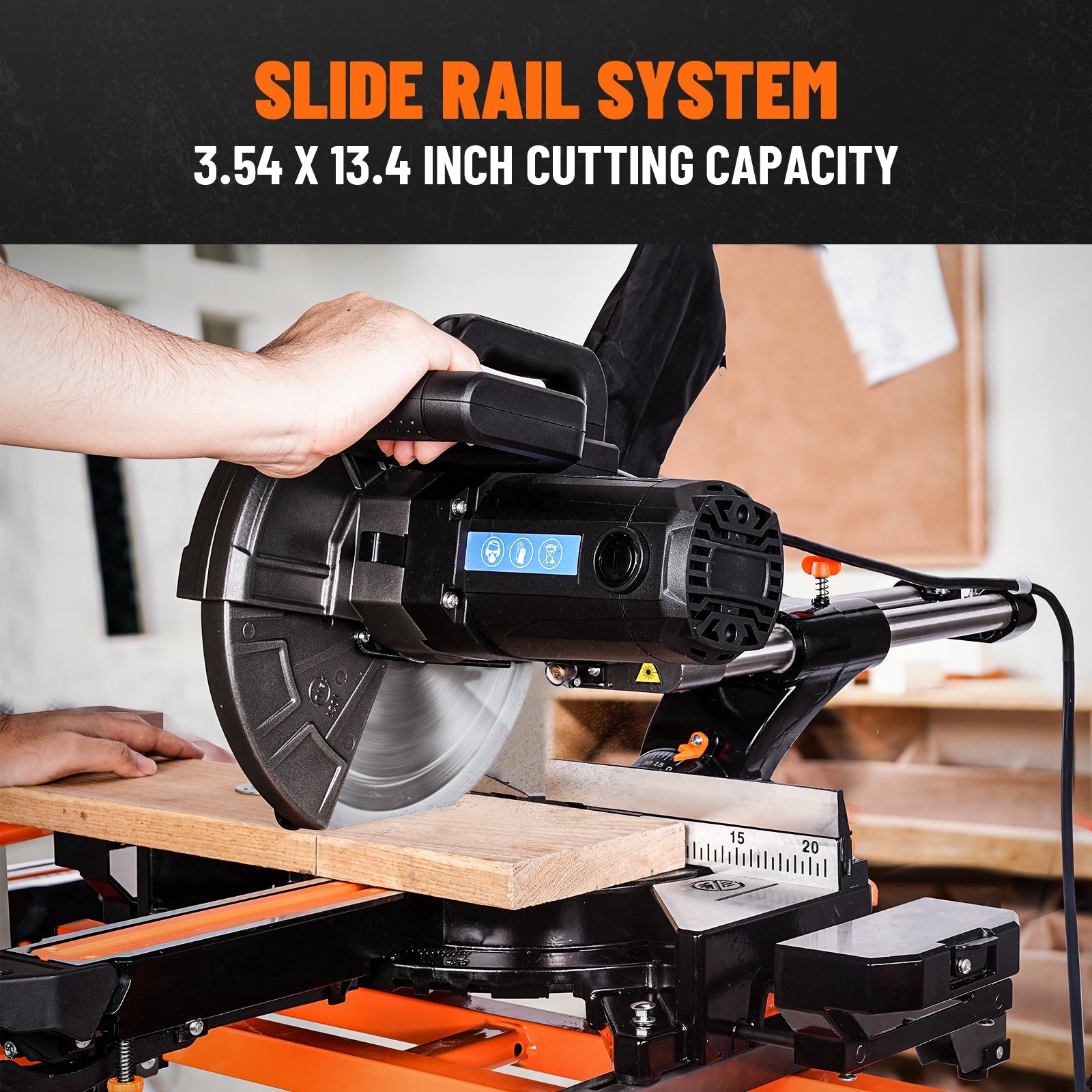 a sliding miter saw dual-rail system demonstrating cutting capacity of 3.54 x 13.4 inches on a wooden plank