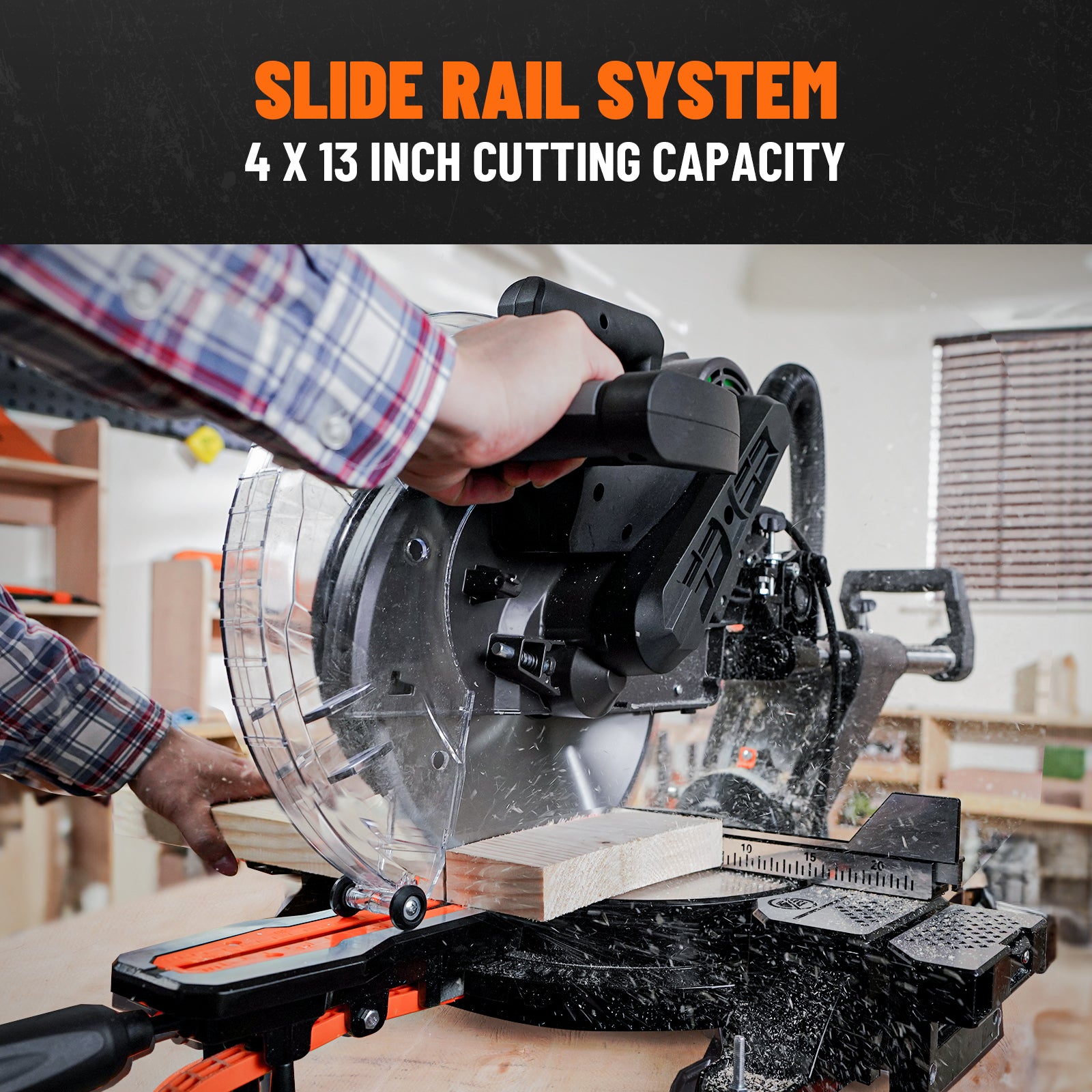 Sliding rail system extending the cutting capacity to handle 4 x 13 inch wide boards