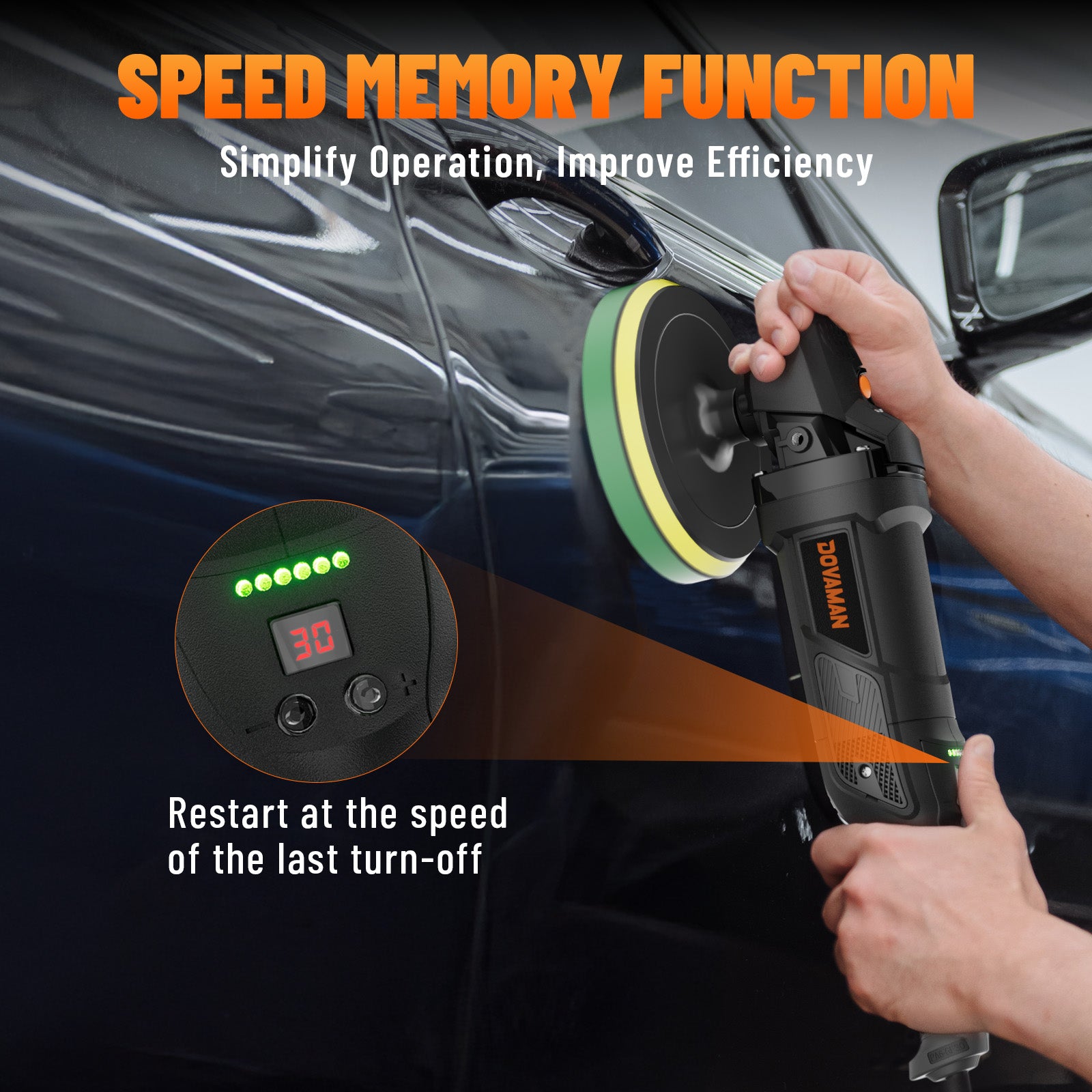 Car polisher with digital display and text highlighting speed memory function on a car background