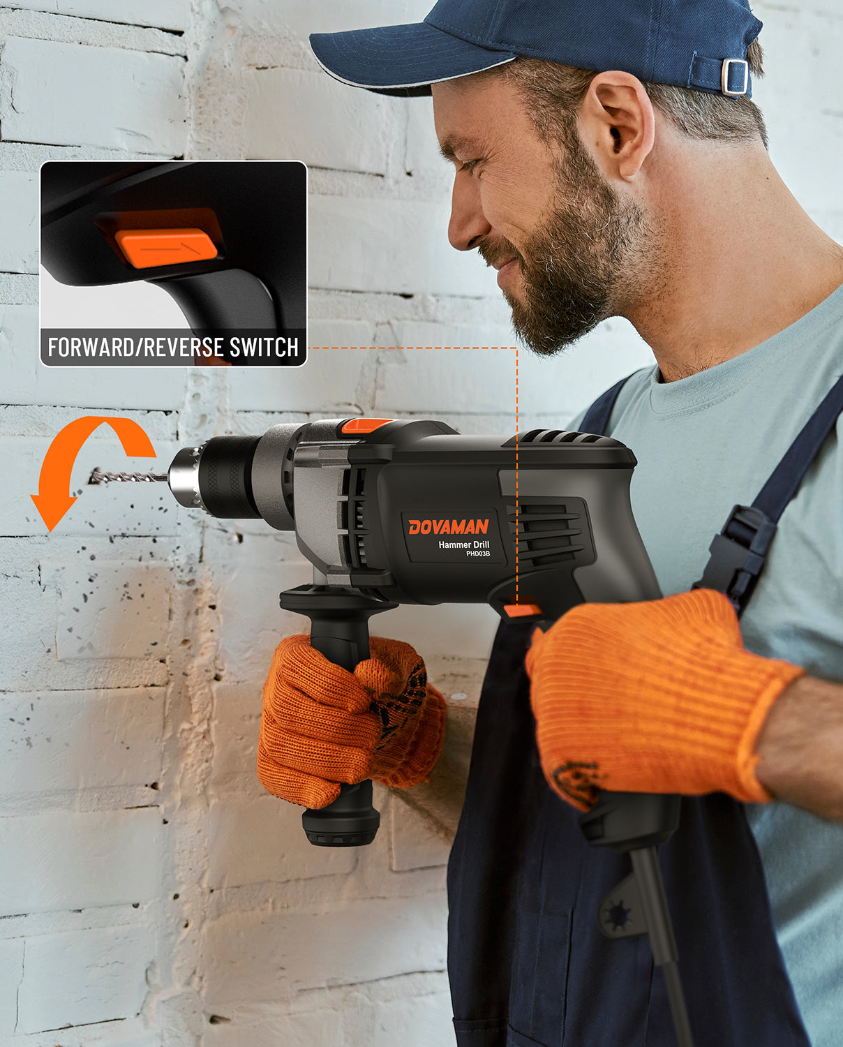 Person using a rotary hammer drill with a close-up of the forward/reverse switch, wearing orange gloves and a blue cap.